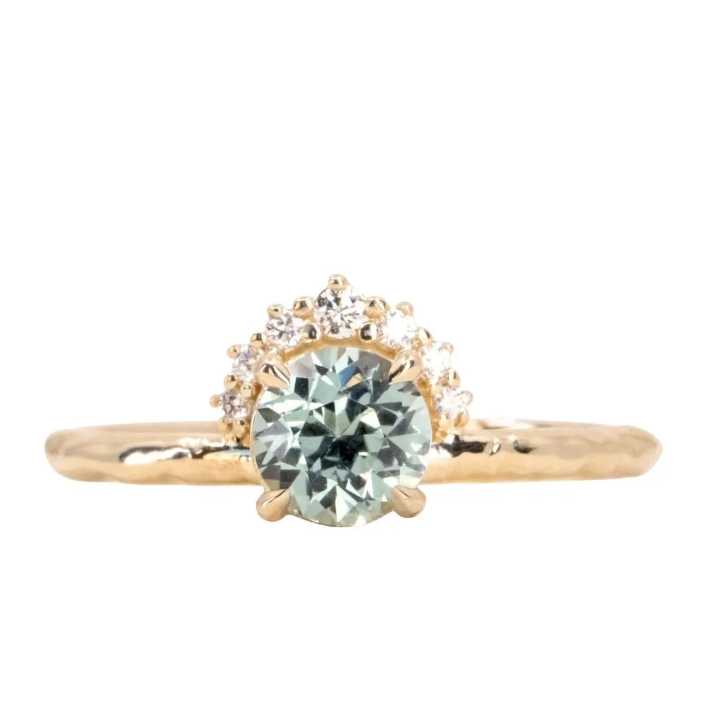 0.95ct Round Light Blue Montana Sapphire Low Profile Diamond fan ring in 14k Yellow Gold