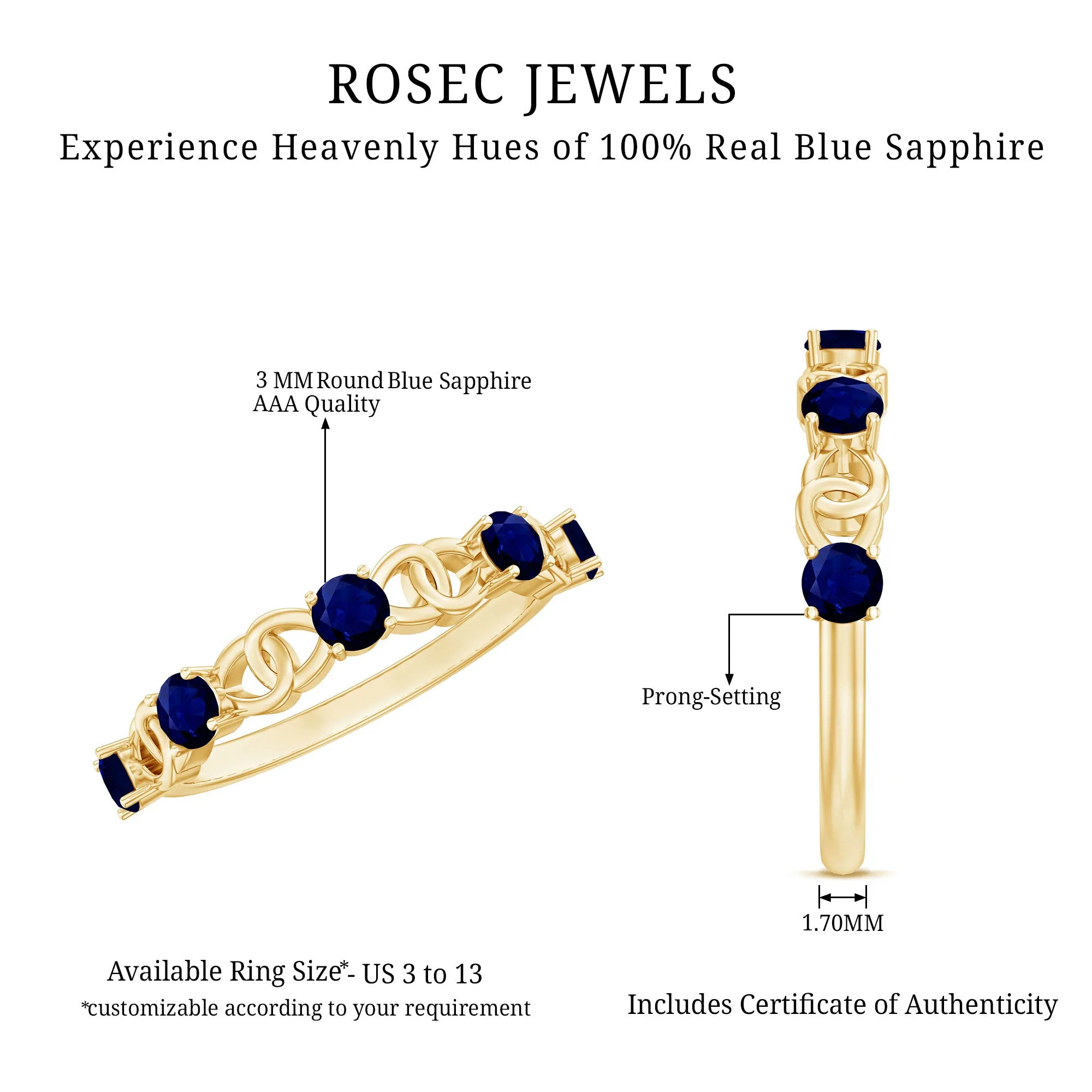 1 CT Round Blue Sapphire Gold Interlock Half Eternity Ring