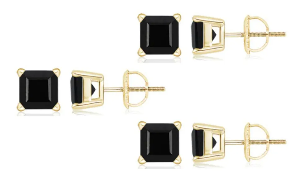 10k Yellow Gold Plated Created Black Sapphire 2 Carat Square Cut Pack of Three Stud Earrings