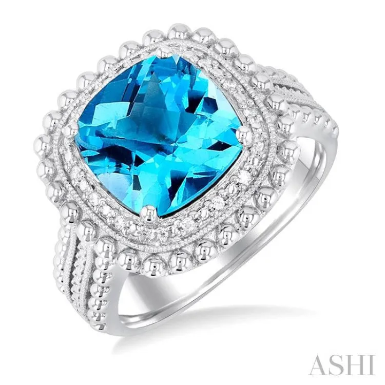 1/20 ctw Cushion Shape 10X10 MM Blue Topaz and Round Cut Diamond Semi Precious Ring in Sterling Silver