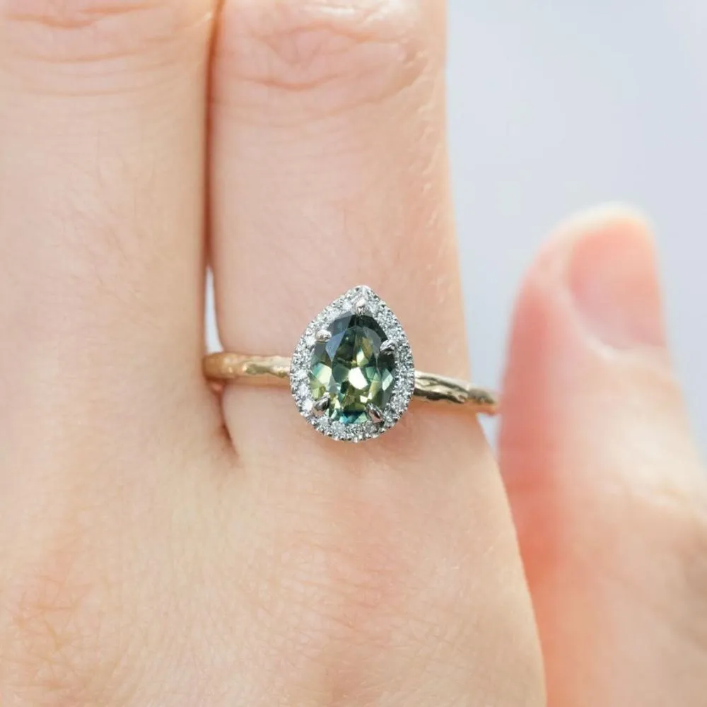 1.31ct Parti Pear Green Sapphire in Two-Tone Yellow and White Evergreen Prong Set Halo Ring