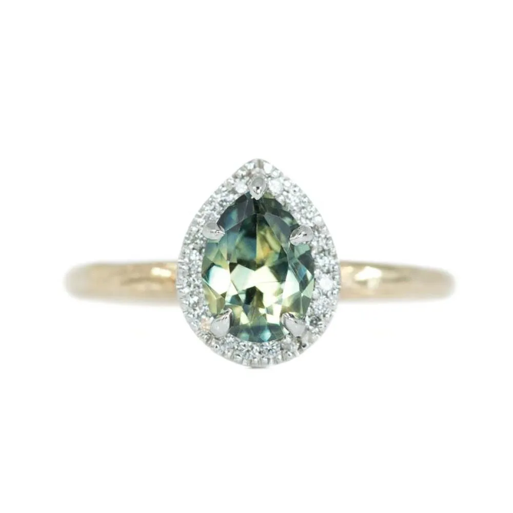 1.31ct Parti Pear Green Sapphire in Two-Tone Yellow and White Evergreen Prong Set Halo Ring