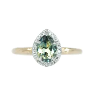 1.31ct Parti Pear Green Sapphire in Two-Tone Yellow and White Evergreen Prong Set Halo Ring