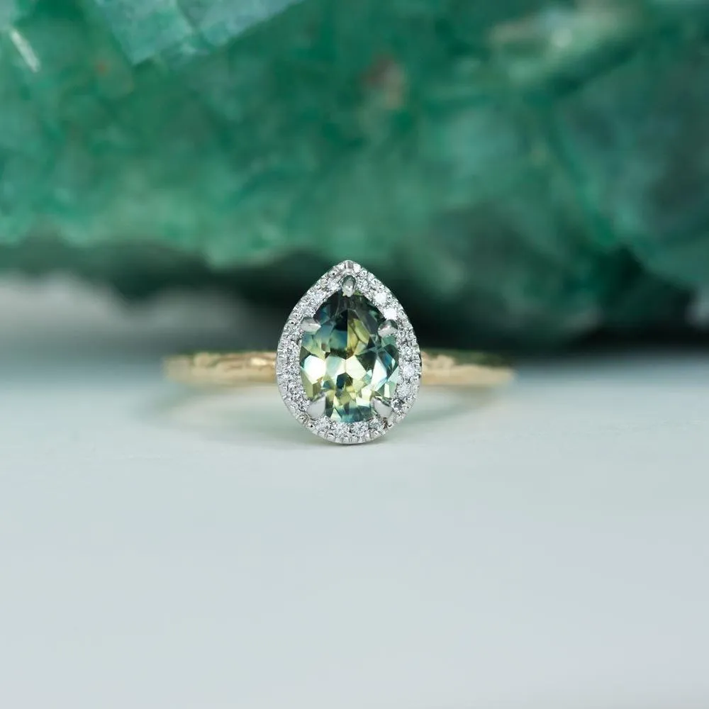 1.31ct Parti Pear Green Sapphire in Two-Tone Yellow and White Evergreen Prong Set Halo Ring