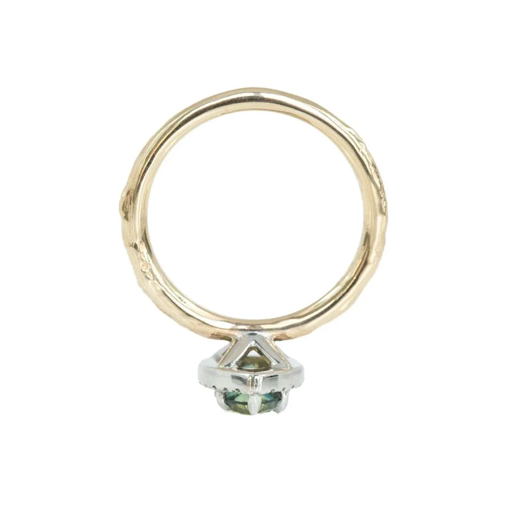 1.31ct Parti Pear Green Sapphire in Two-Tone Yellow and White Evergreen Prong Set Halo Ring