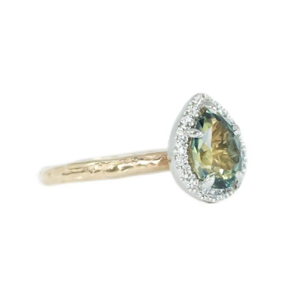 1.31ct Parti Pear Green Sapphire in Two-Tone Yellow and White Evergreen Prong Set Halo Ring