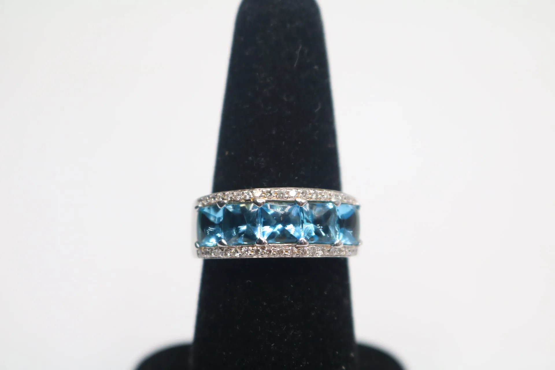 14K White Gold Channel Set Topaz and Diamonds Band Ring (Size 8)