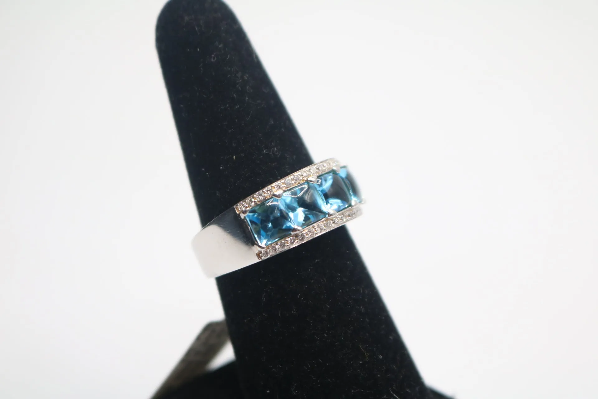 14K White Gold Channel Set Topaz and Diamonds Band Ring (Size 8)