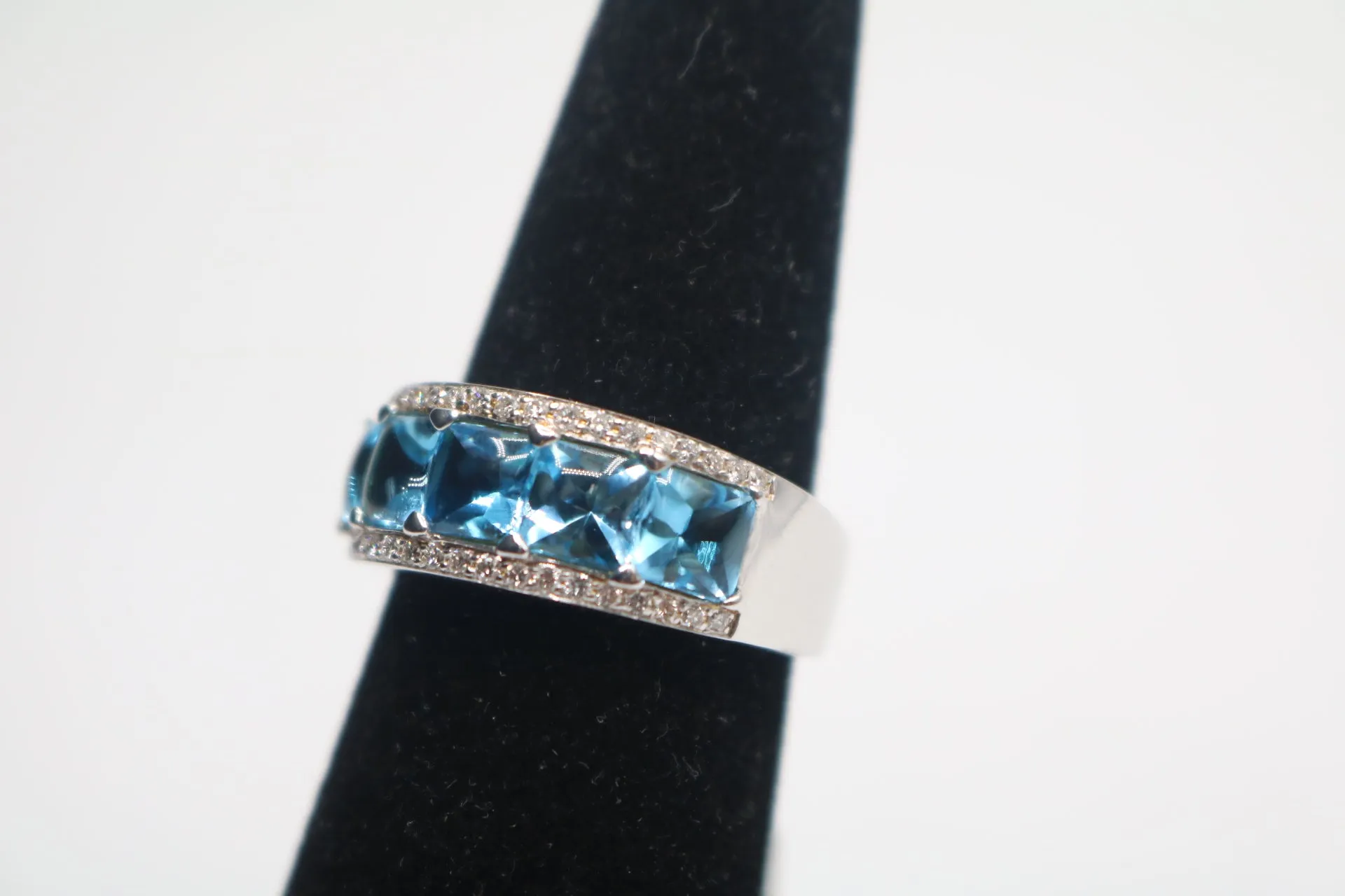 14K White Gold Channel Set Topaz and Diamonds Band Ring (Size 8)