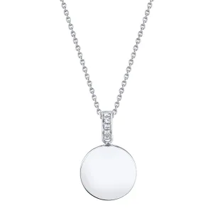 14K White Gold Disc Pendant with Diamond Bail Necklace