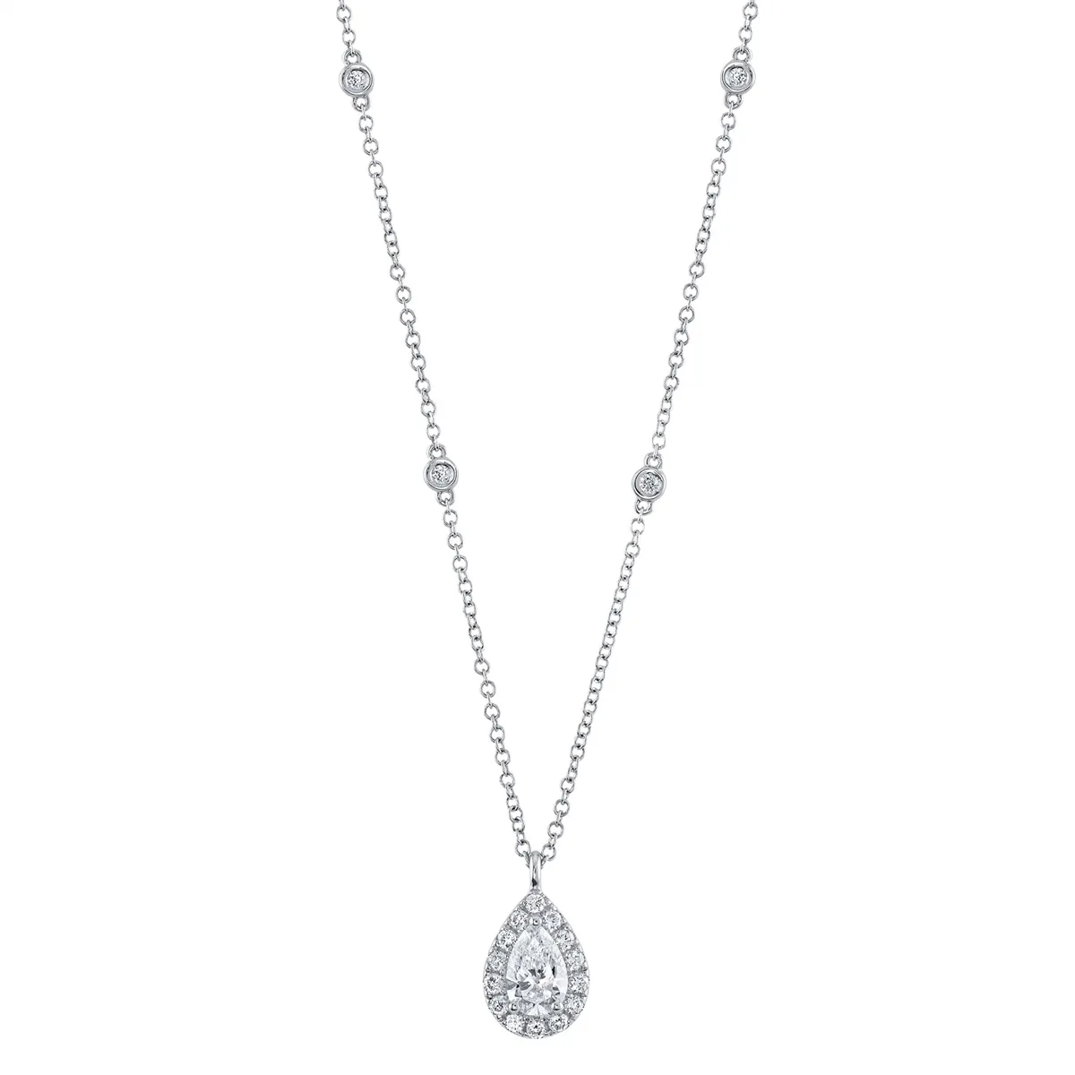 14K White Gold Pear Diamond Pendant Station Necklace