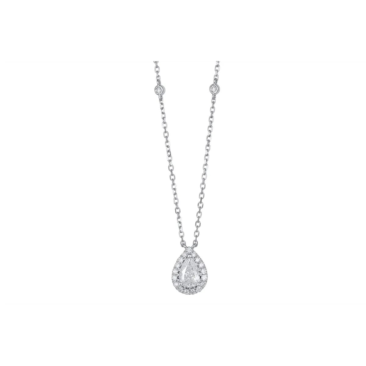 14K White Gold Pear Diamond with Halo Pendant Necklace