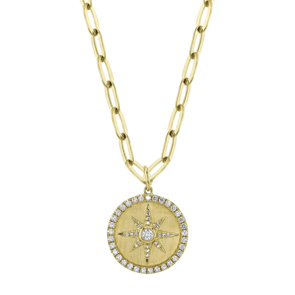 14K Yellow Gold Diamond Star Paper Clip Link Necklace