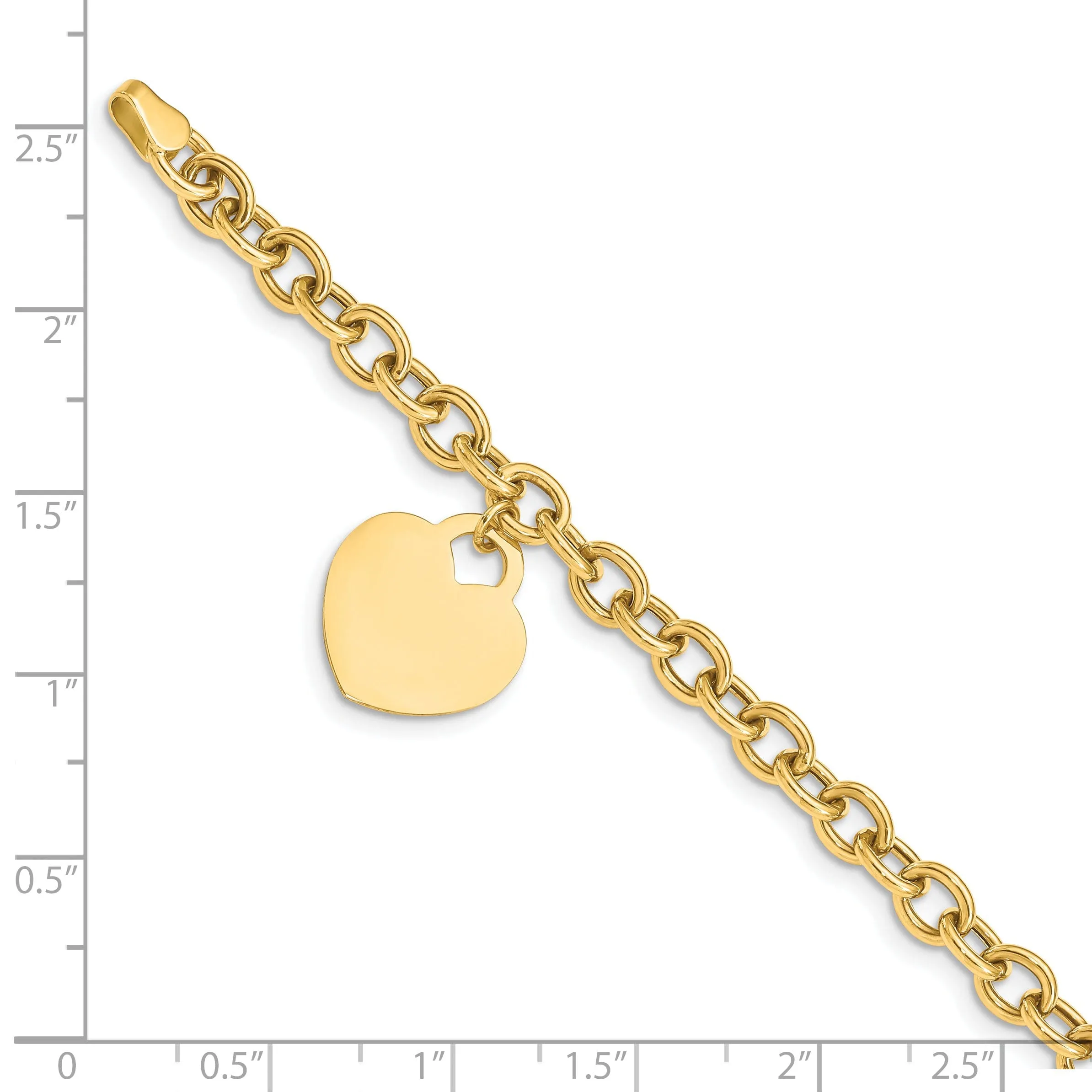 14k yellow gold  link bracelet dangle heart charm 7.25-inch, 15-mm width