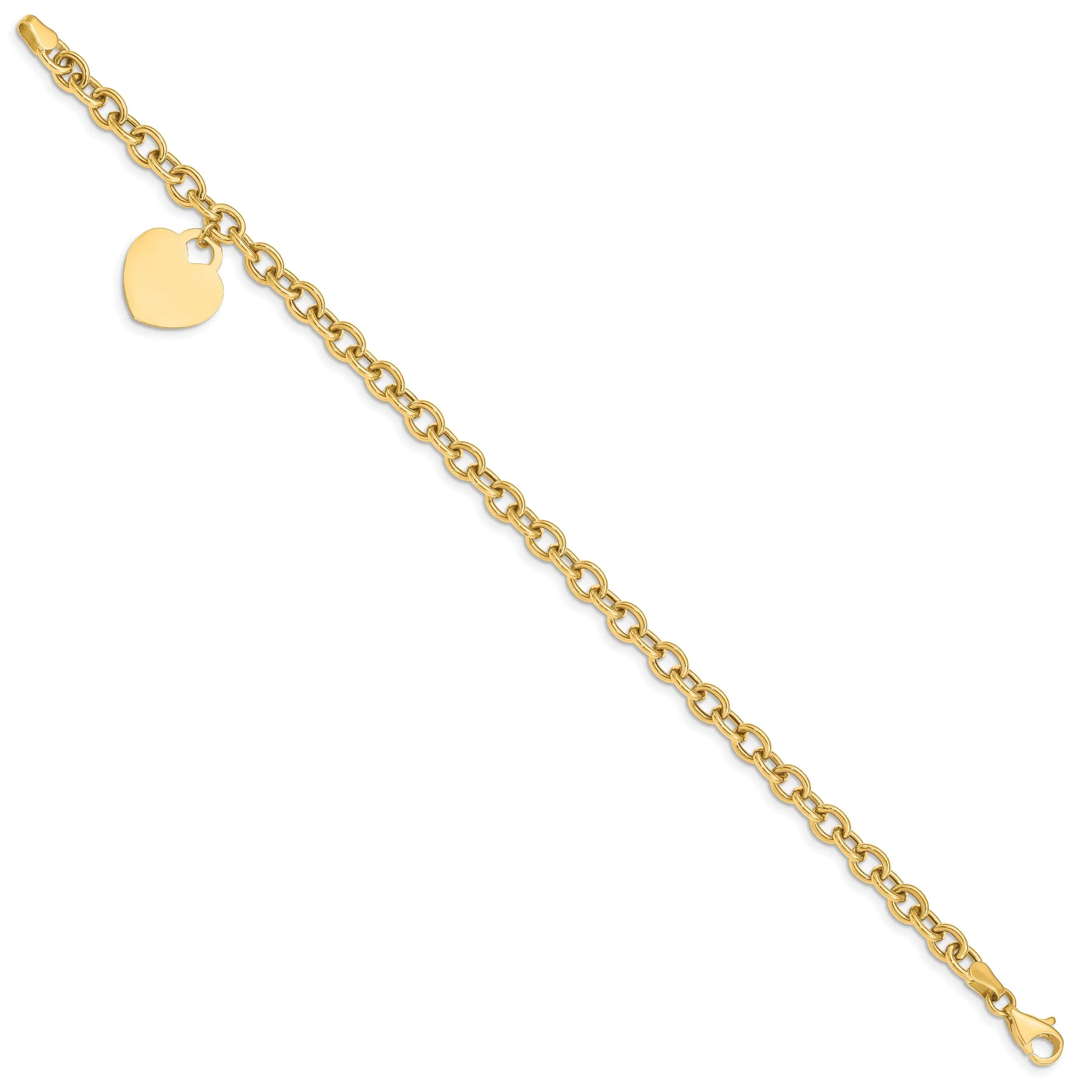 14k yellow gold  link bracelet dangle heart charm 7.25-inch, 15-mm width