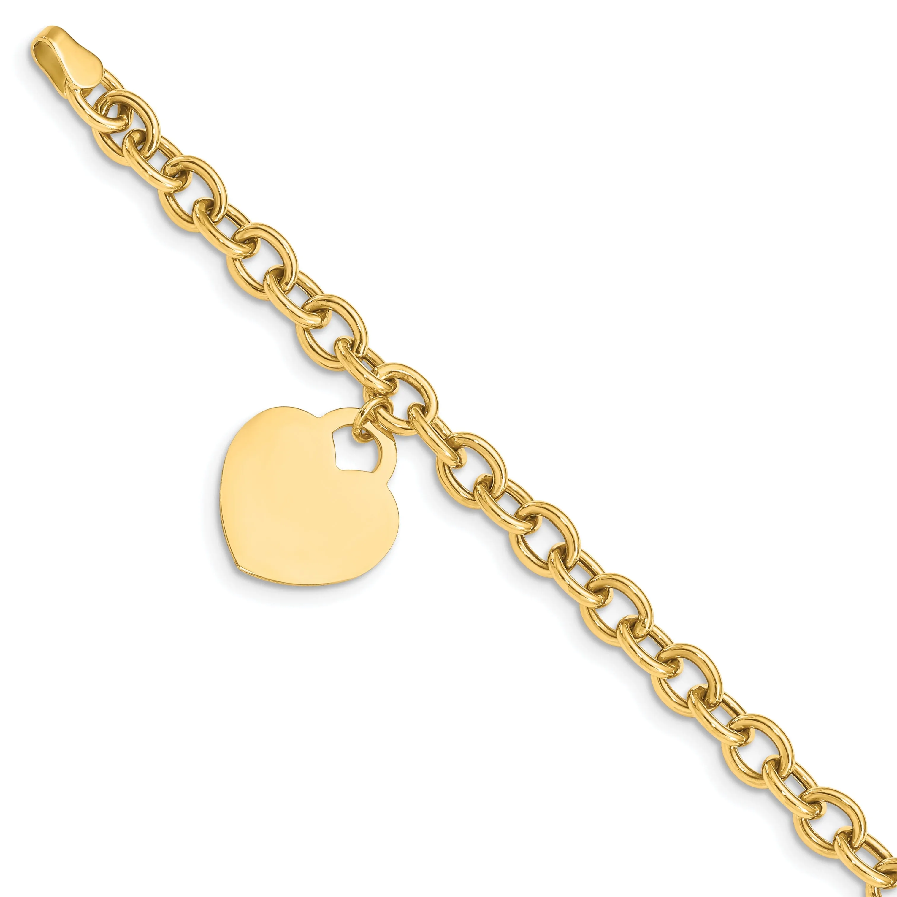 14k yellow gold  link bracelet dangle heart charm 7.25-inch, 15-mm width