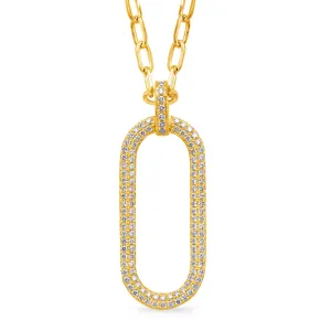 14K Yellow Gold Open Oval Diamond Pendant on Paperclip Chain Necklace