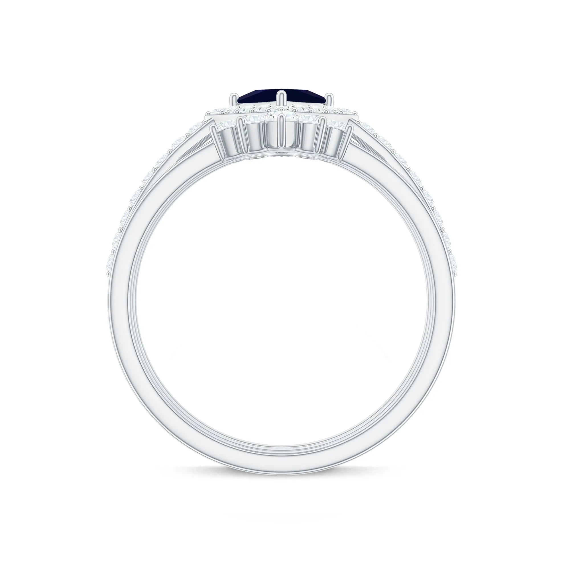 1.5 CT Princess Cut Blue Sapphire Bridal Ring Set with Moissanite Halo