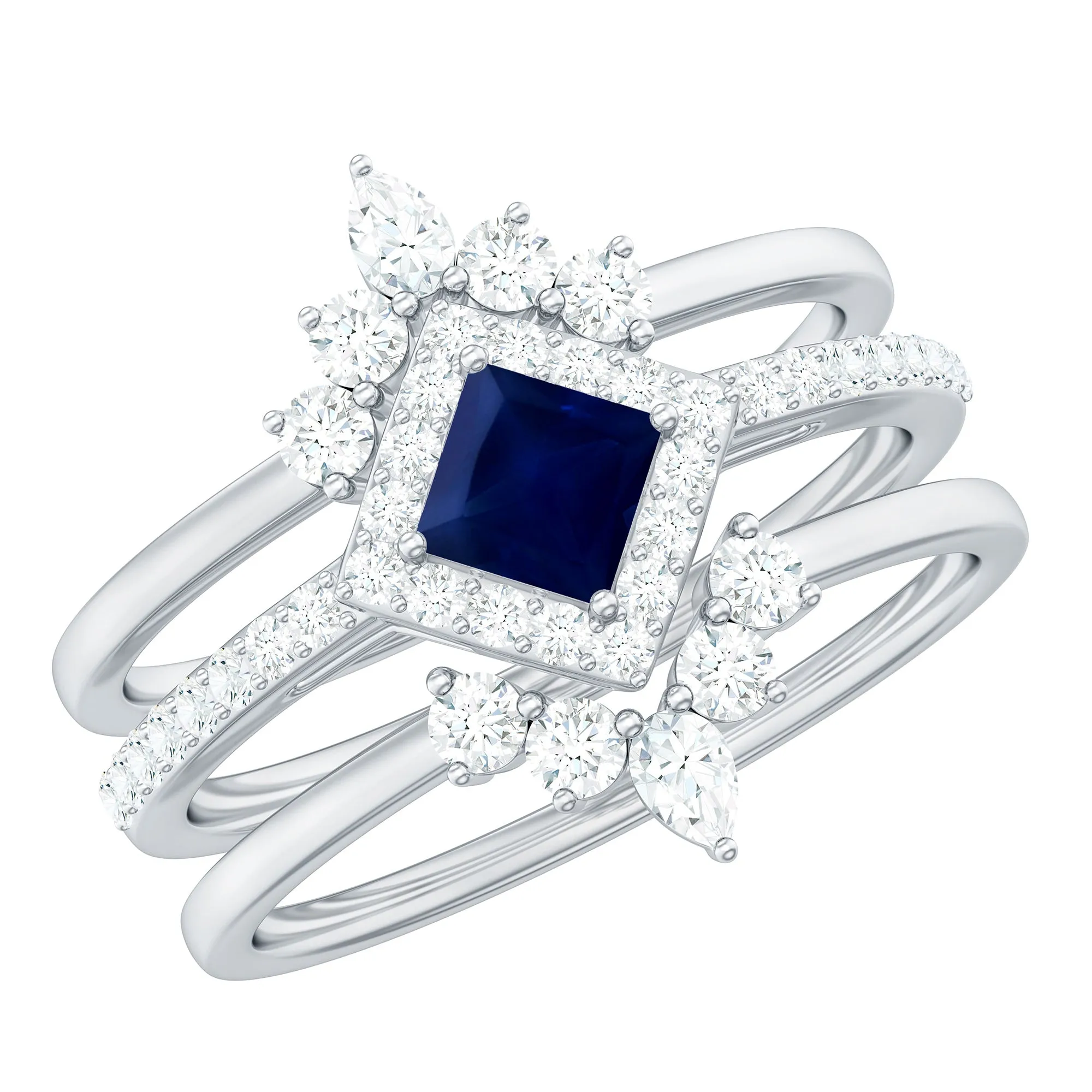 1.5 CT Princess Cut Blue Sapphire Bridal Ring Set with Moissanite Halo