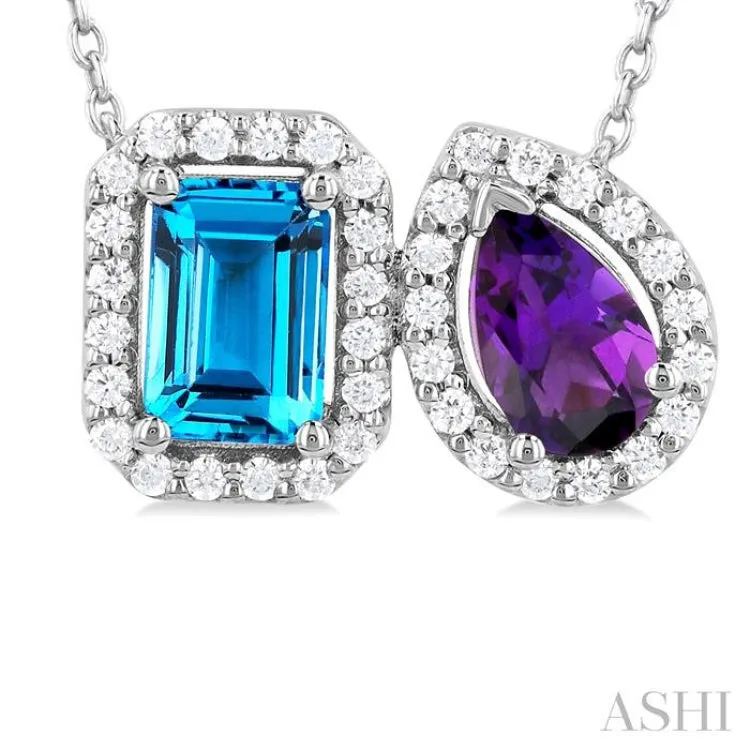 1/5 ctw Toi Et Moi 6X4MM Emerald Cut Blue Topaz and Pear Cut Amethyst & Round Cut Diamond Halo Fashion Pendant With Chain in 14K White Gold