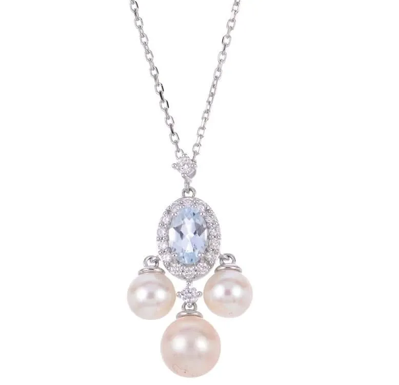 18 inch Fresh Water Pearl, Aquamarine and Natural Diamond Necklace 14K White Gold