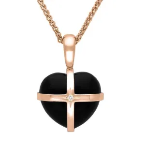 18ct Rose Gold Whitby Jet Diamond Small Cross Heart Necklace