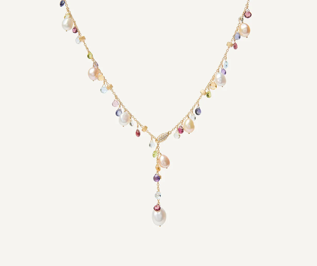 18K Yellow Gold Gemstone Lariat Necklace With Freshwater Pearls