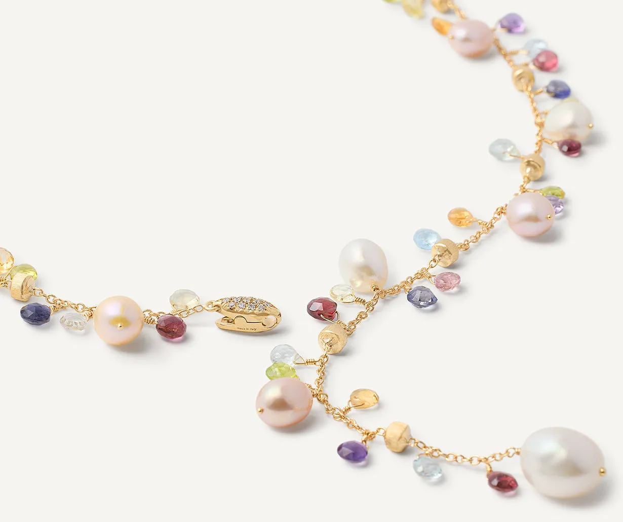 18K Yellow Gold Gemstone Lariat Necklace With Freshwater Pearls