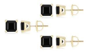 18k Yellow Gold Plated Created Black Sapphire 1Carat Square Cut Pack of Three Stud Earrings