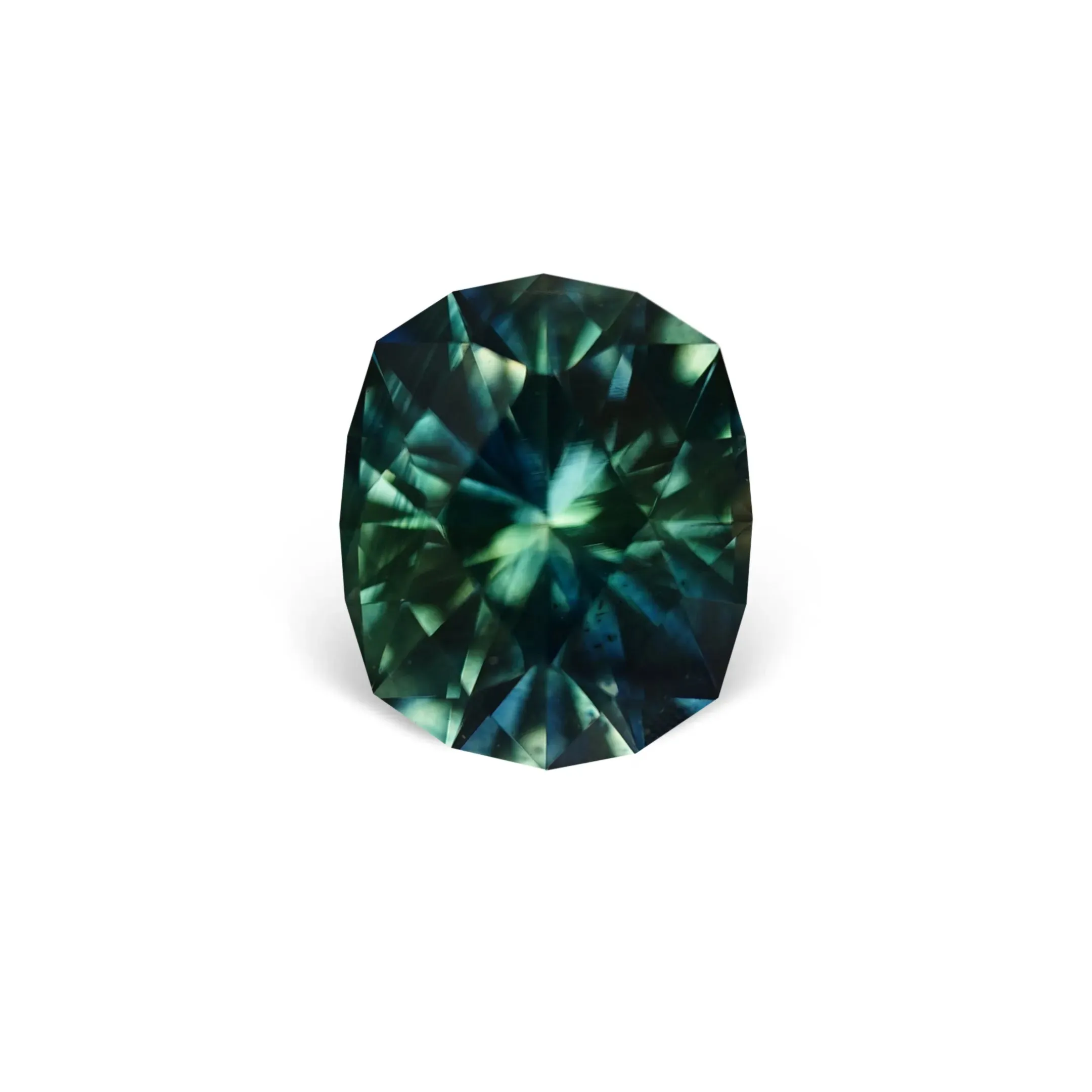 1.98CT FANCY ELONGATED CUSHION PRECISION CUT MONTANA SAPPHIRE, PARTI FOREST GREEN AND TEAL, 8X6.6MM