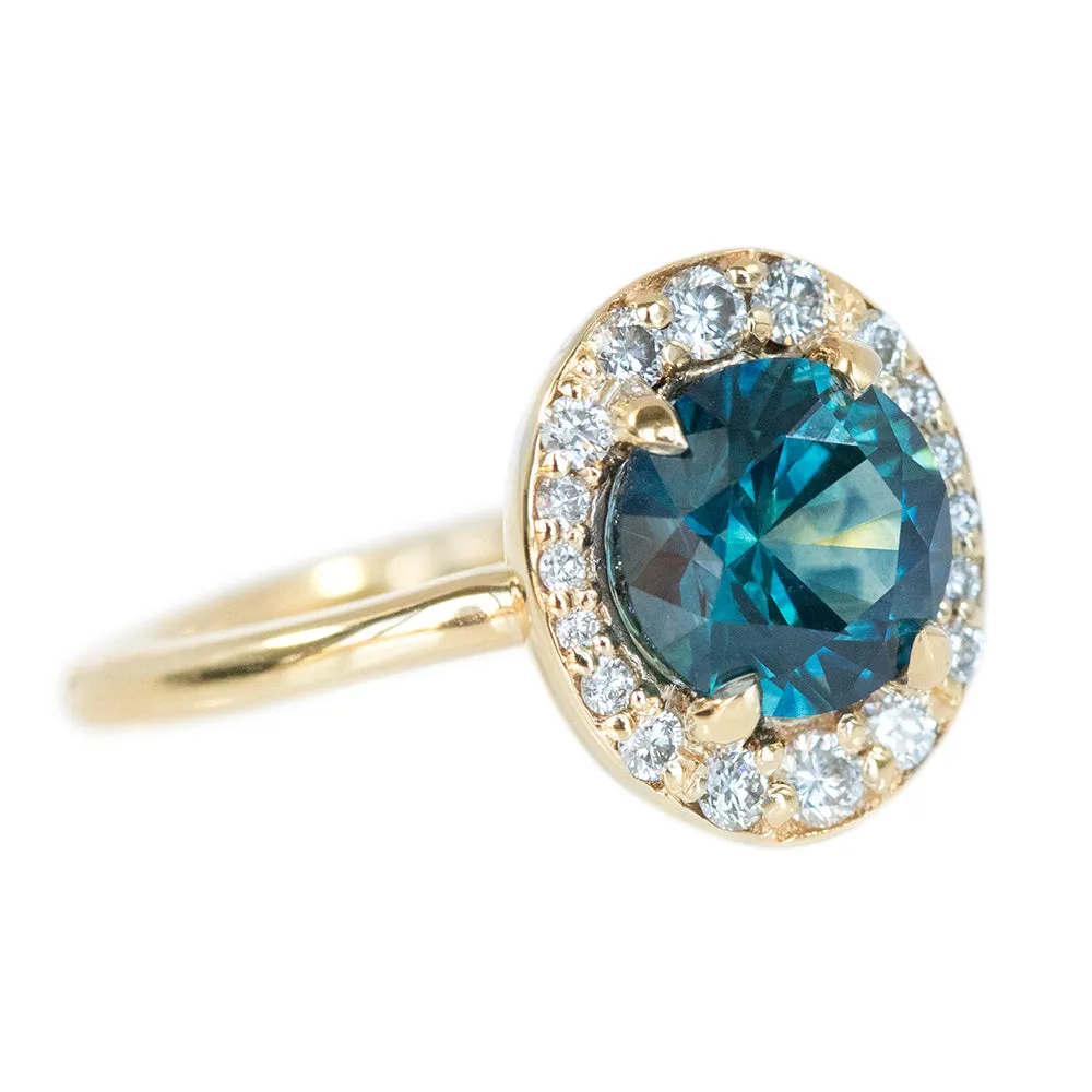 1.99ct Round Montana Sapphire in Low Profile Oval-Esque Tapered Diamond Halo, 14k Yellow Gold