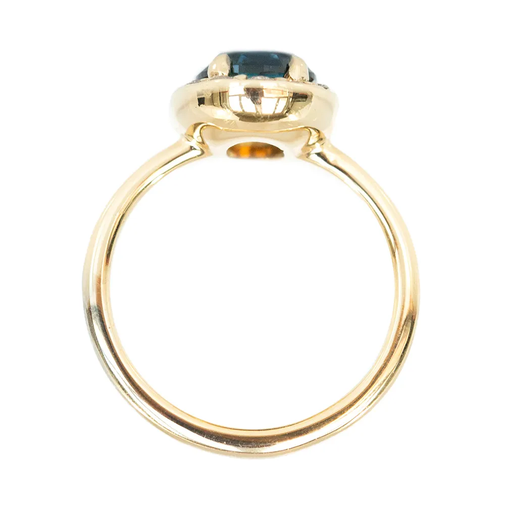 1.99ct Round Montana Sapphire in Low Profile Oval-Esque Tapered Diamond Halo, 14k Yellow Gold