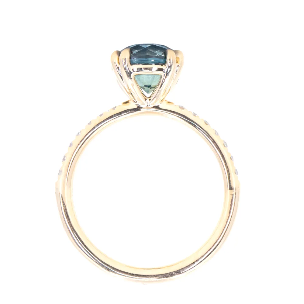 2.49ct Round Teal Blue Montana Sapphire Double Claw Prong Solitaire with French Diamonds in 18k Yellow Gold