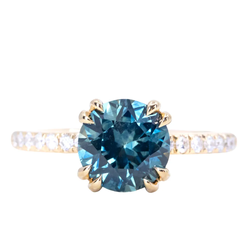 2.49ct Round Teal Blue Montana Sapphire Double Claw Prong Solitaire with French Diamonds in 18k Yellow Gold