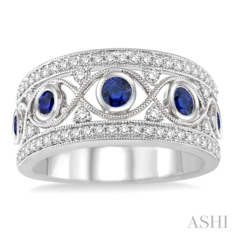 2.6 mm Round Cut Sapphire and 1/2 Ctw Round Cut Diamond Band in 14K White Gold