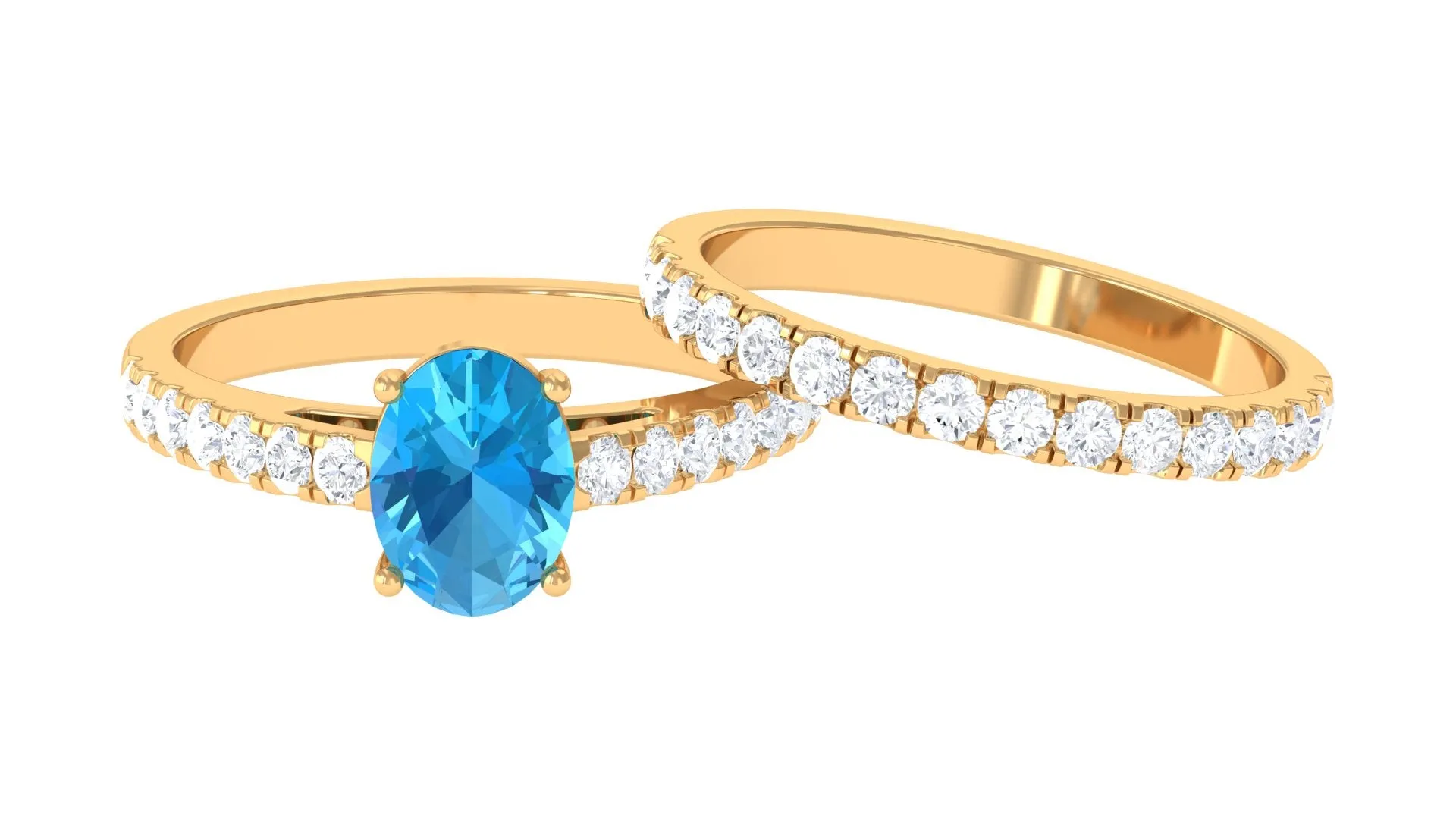 3 CT Oval Swiss Blue Topaz Wedding Ring Set with Moissanite in Gold