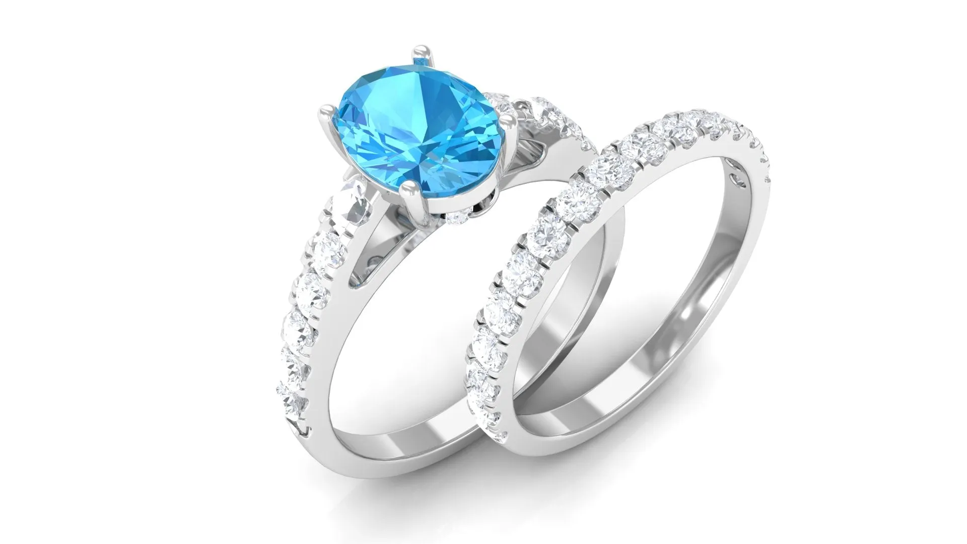 3 CT Oval Swiss Blue Topaz Wedding Ring Set with Moissanite in Gold