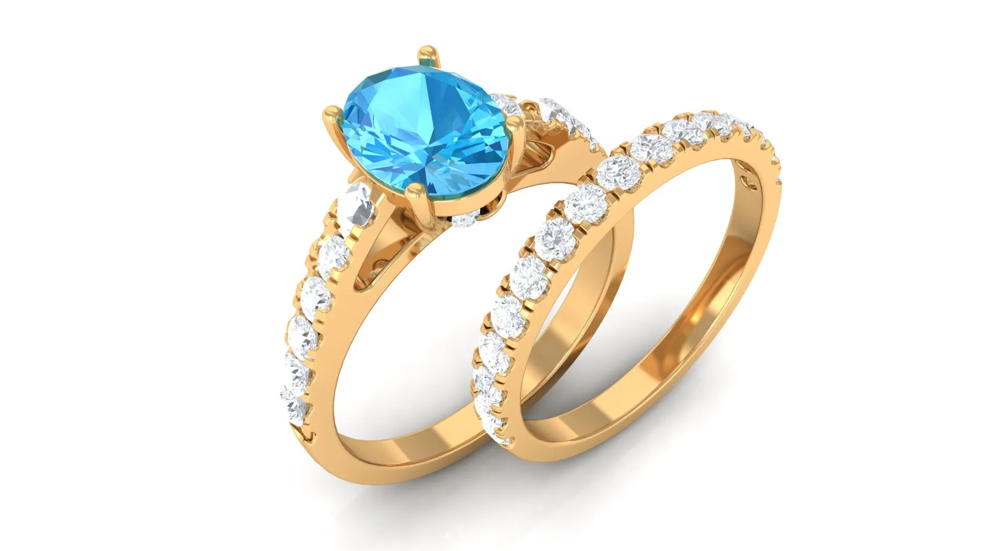 3 CT Oval Swiss Blue Topaz Wedding Ring Set with Moissanite in Gold