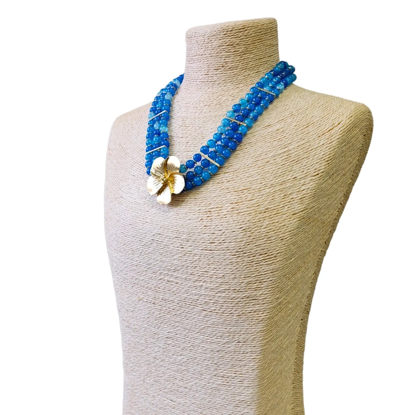 3 Layer Turquoise Blue Bead Necklace w/ Gold Flower Pendant