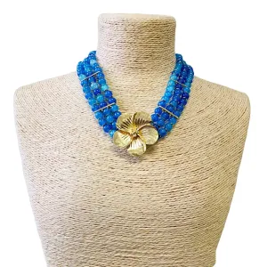 3 Layer Turquoise Blue Bead Necklace w/ Gold Flower Pendant