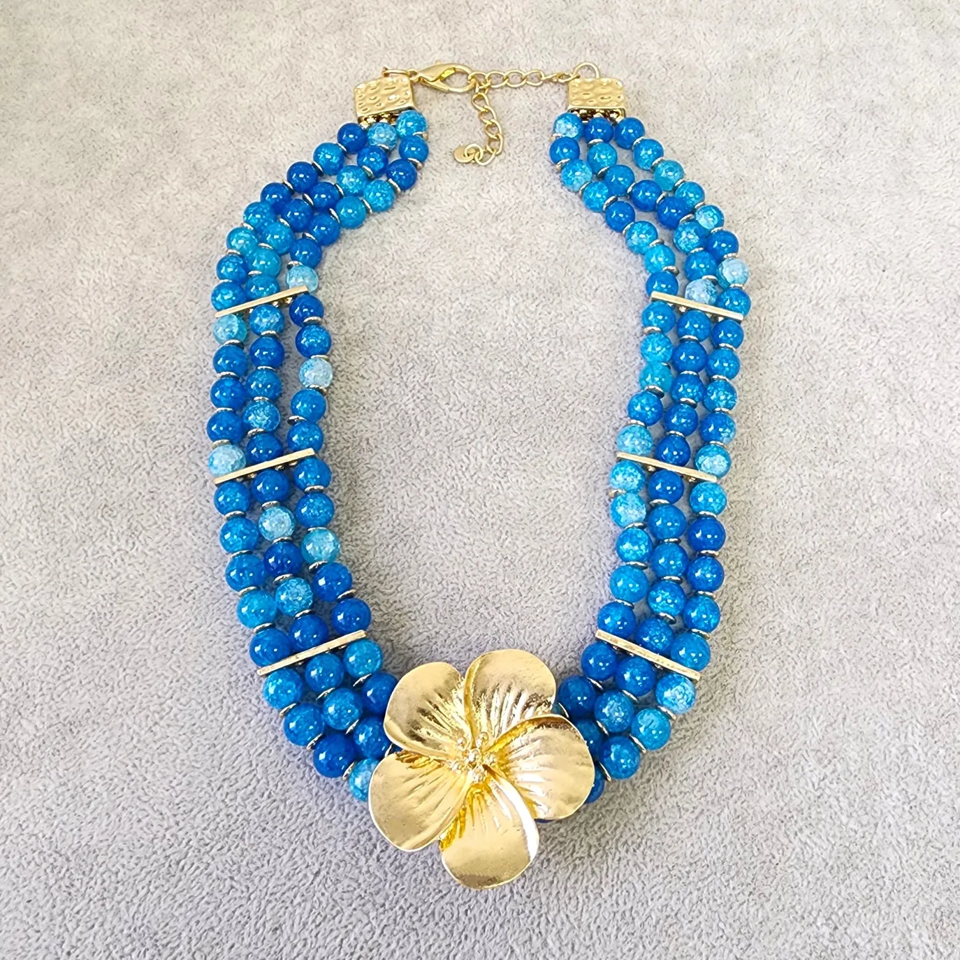 3 Layer Turquoise Blue Bead Necklace w/ Gold Flower Pendant