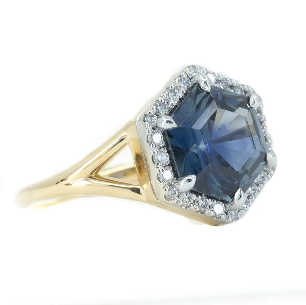 3.31ct Blue Hexagon Montana Sapphire Split Shank Halo Ring