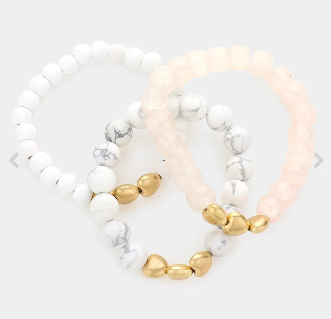 3PCS - Heart Pointed Natural Stone Wood Ball Stretch Bracelets (3 Colors)