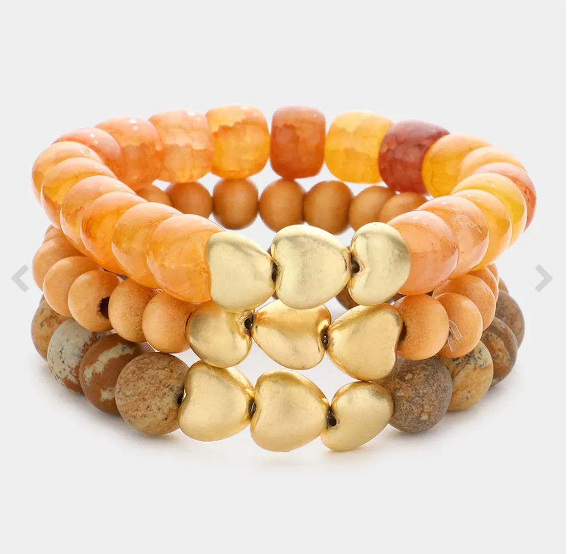 3PCS - Heart Pointed Natural Stone Wood Ball Stretch Bracelets (3 Colors)