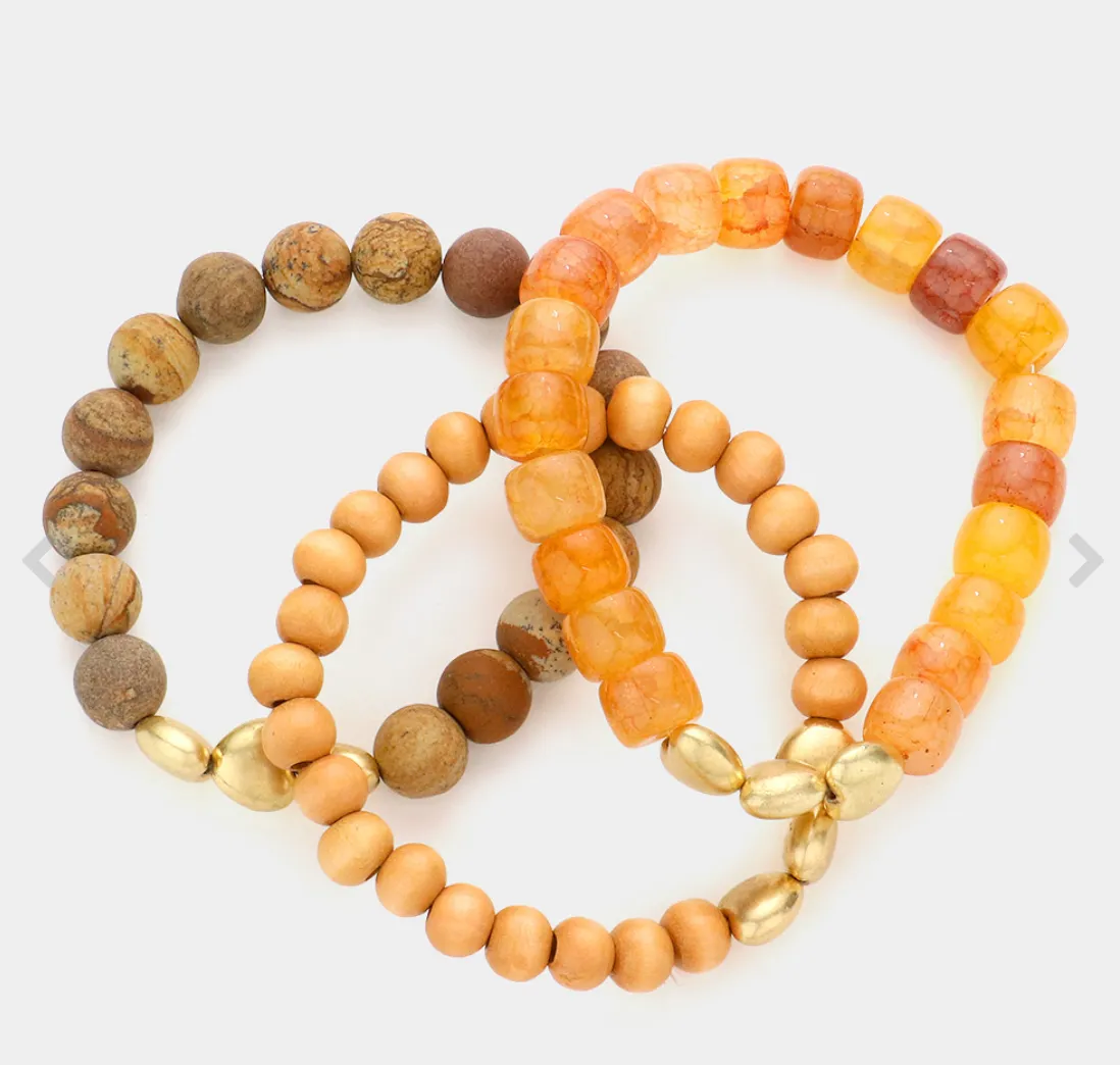 3PCS - Heart Pointed Natural Stone Wood Ball Stretch Bracelets (3 Colors)