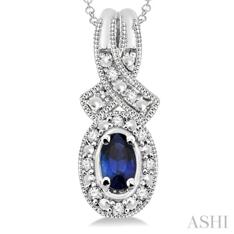 5x3 mm Oval Cut Sapphire and 1/50 Ctw Single Cut Diamond Pendant in Sterling Silver with Chain