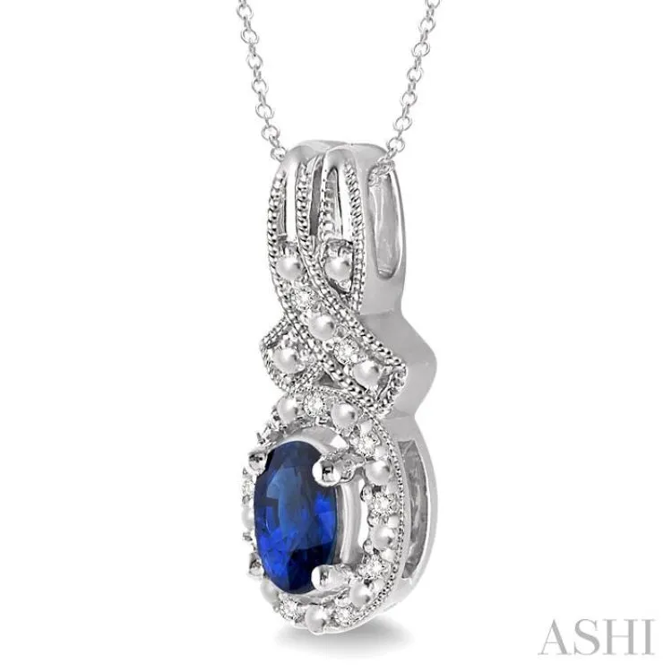 5x3 mm Oval Cut Sapphire and 1/50 Ctw Single Cut Diamond Pendant in Sterling Silver with Chain