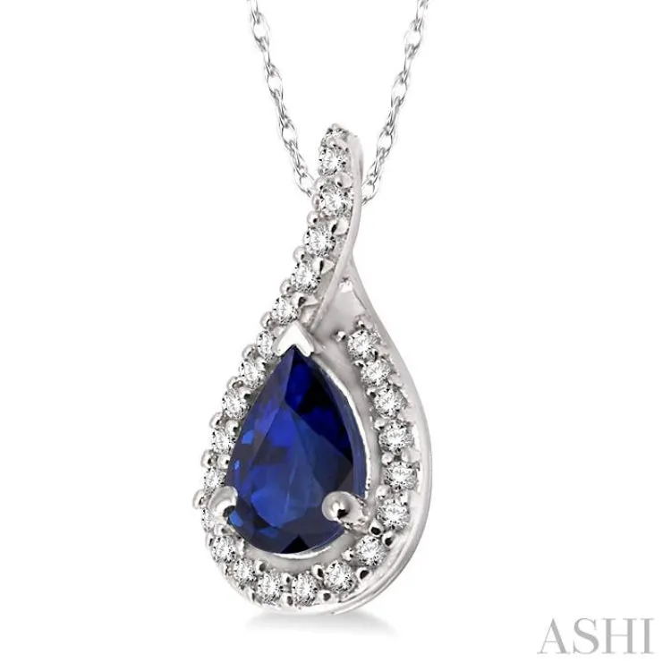 6x4MM Pear Shape Sapphire and 1/10 Ctw Round Cut Diamond Pendant in 14K White Gold with Chain