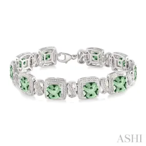 7x7  MM Cushion Shape Green Amethyst and 1/10 Ctw Single Cut Diamond Square Shape Bracelet in Sterling Silver