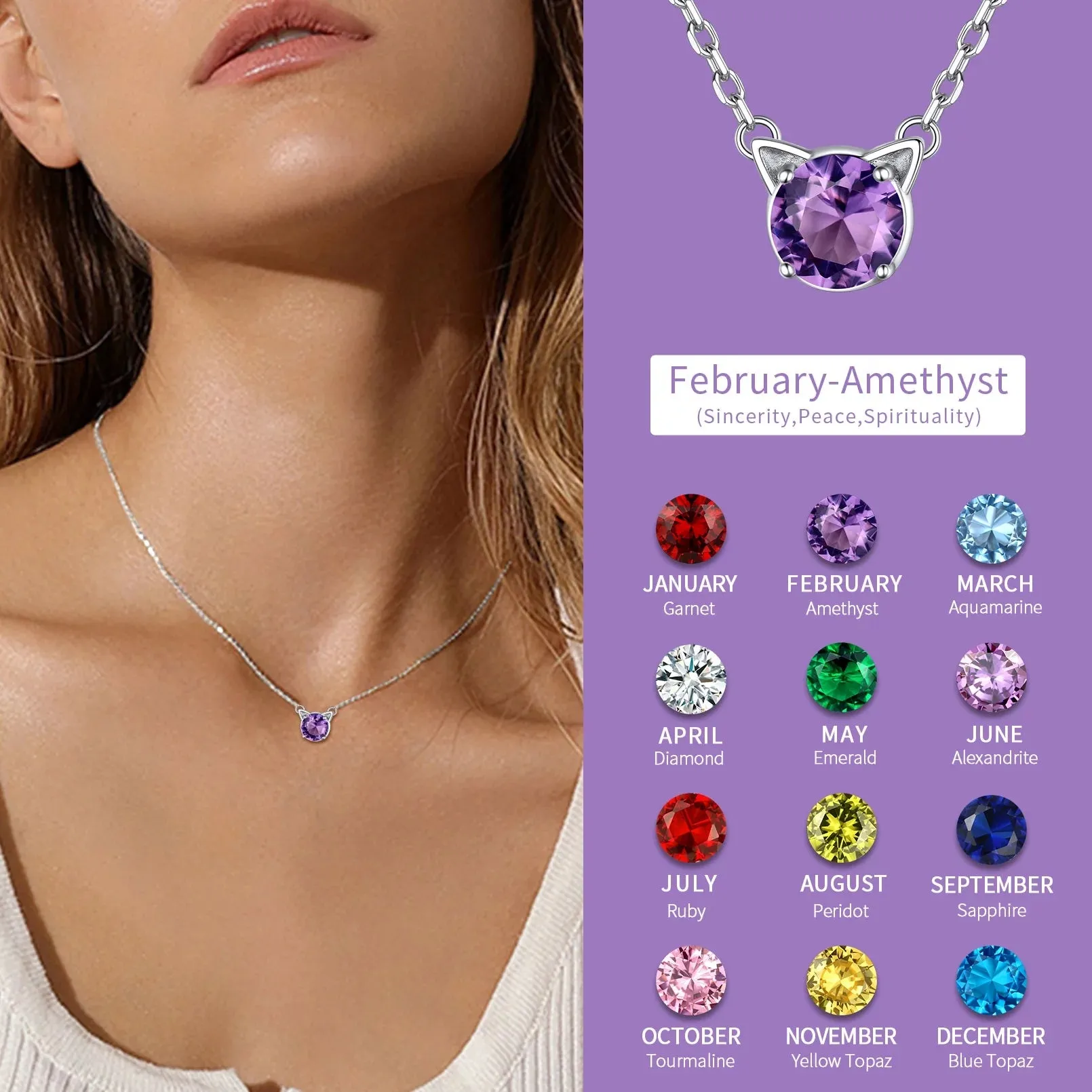 925 Sterling Silver Cat Necklace Girls Cute Cat Jewelry round Amethyst Pendant Necklace February Birthstone for Cat Lovers